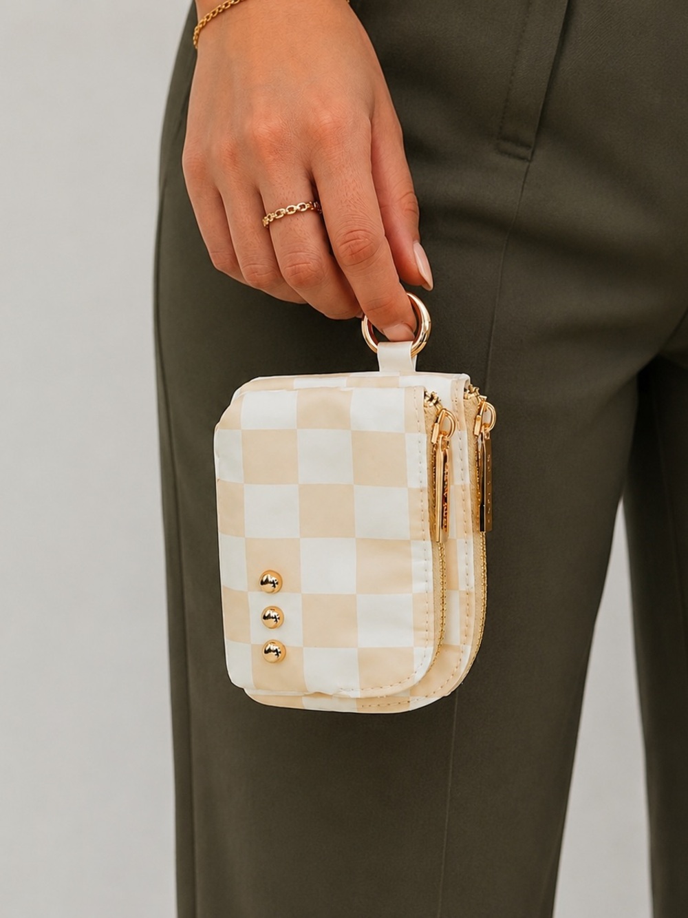 Pretty Simple Cameron Double Zip Clippable Card Wallet Checkered Tan Nylon